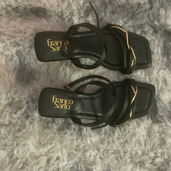 Franco Sarto Black and Gold Strappy Sandals - Picture 1 of 3